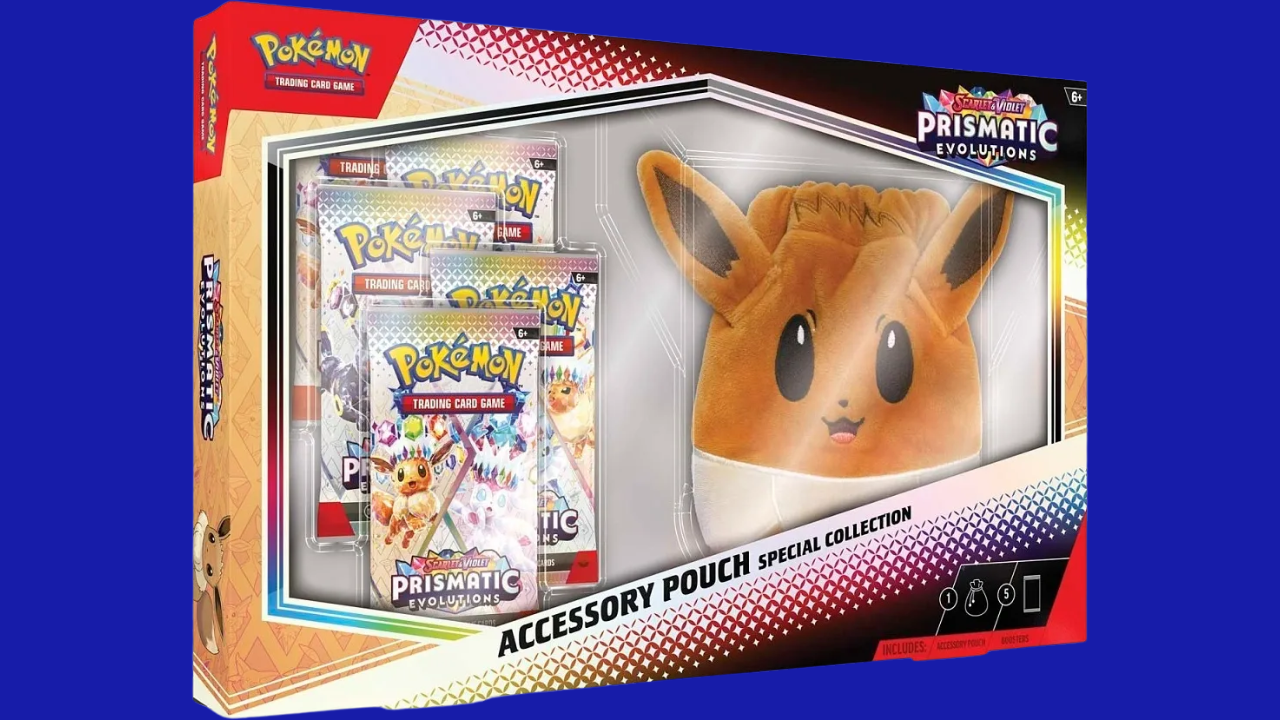 Front of the Pokémon TCG: Prismatic Evolutions Accessory Pouch Special Collection packaging featuring an Eevee plush and booster packs