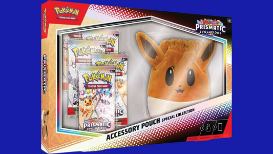 Front of the Pokémon TCG: Prismatic Evolutions Accessory Pouch Special Collection packaging featuring an Eevee plush and booster packs