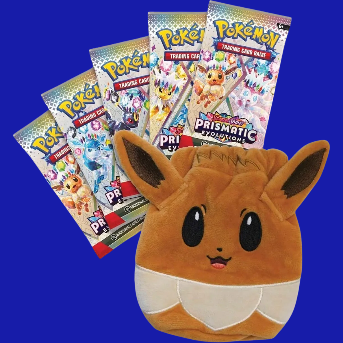 Front view of five Prismatic Evolutions booster packs and plush Eevee pouch – Highlighting contents of the Accessory Pouch Special Collection.