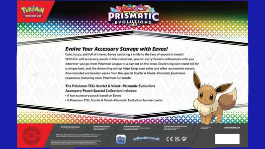 Back of the Prismatic Evolutions Accessory Pouch box detailing included contents and features