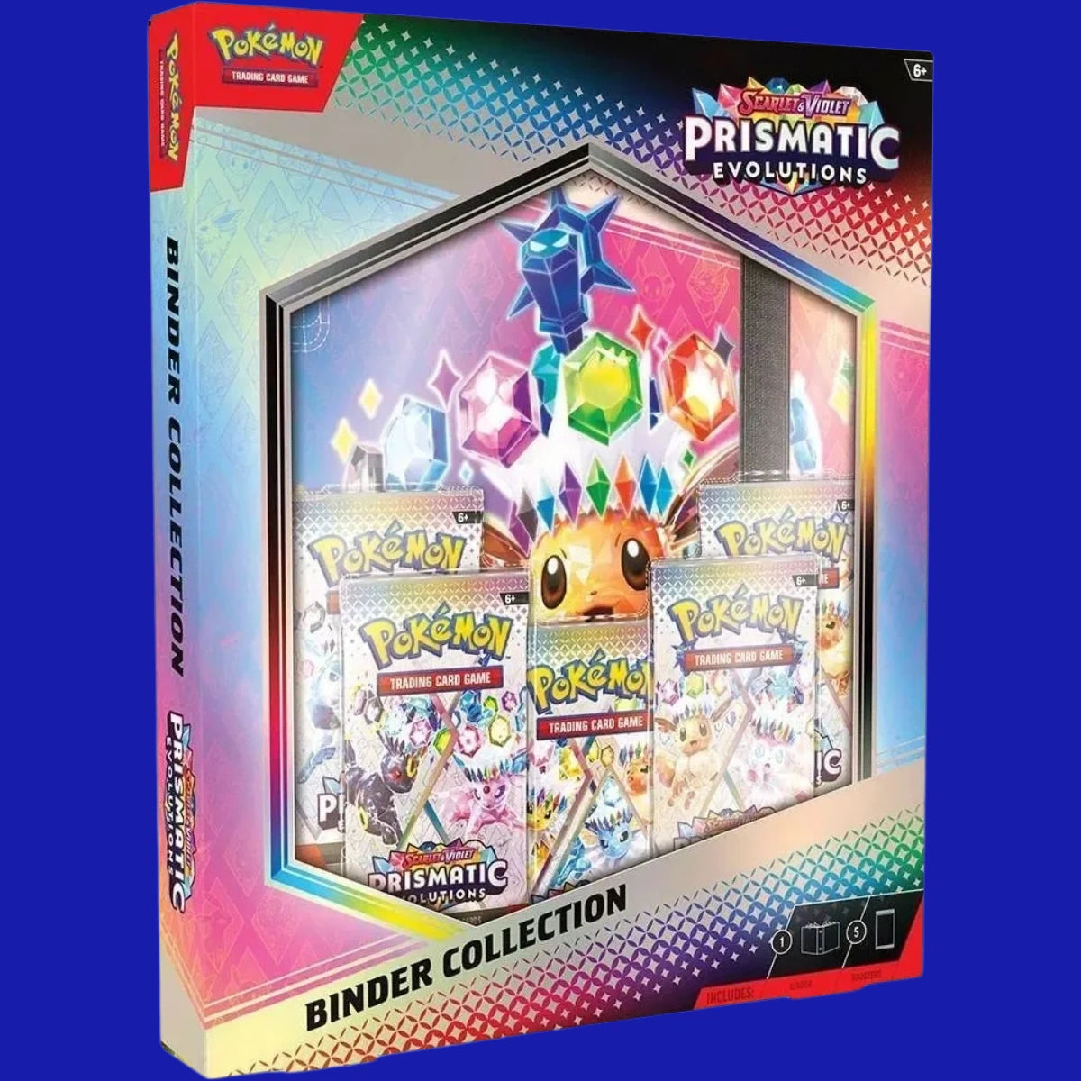 Front packaging of the Pokémon TCG: Prismatic Evolutions Binder Collection featuring Eevee with crystal crown artwork and 4 visible booster packs