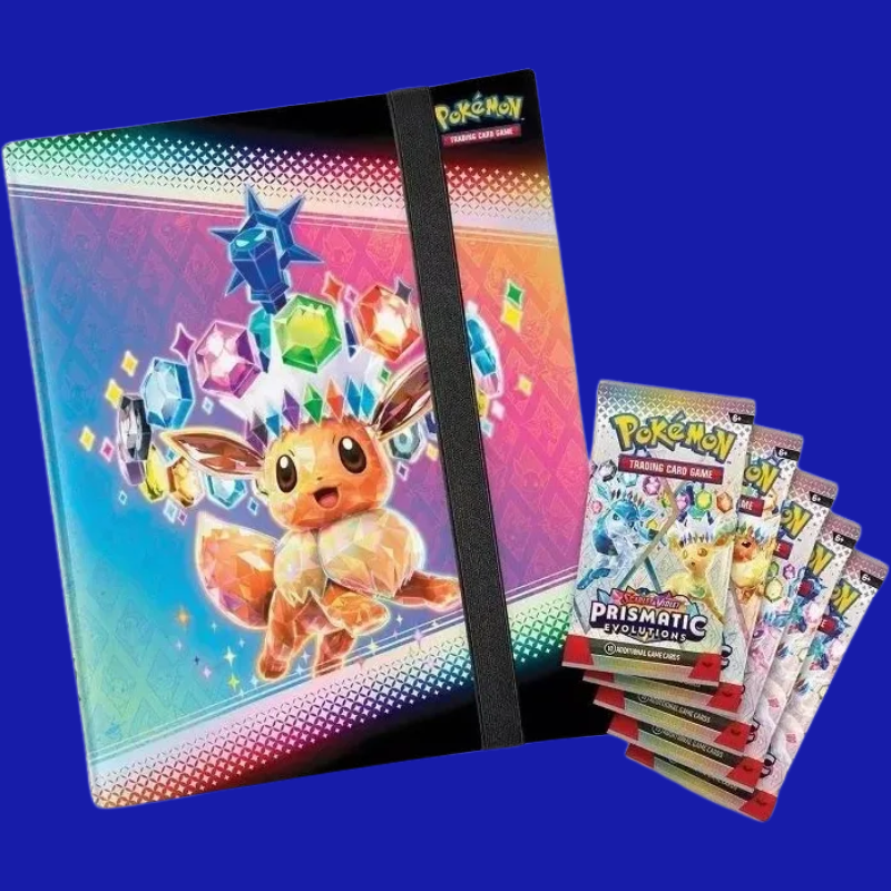 Eevee-themed 9-pocket binder from the Prismatic Evolutions Binder Collection alongside 4 booster packs from the Scarlet & Violet TCG expansion