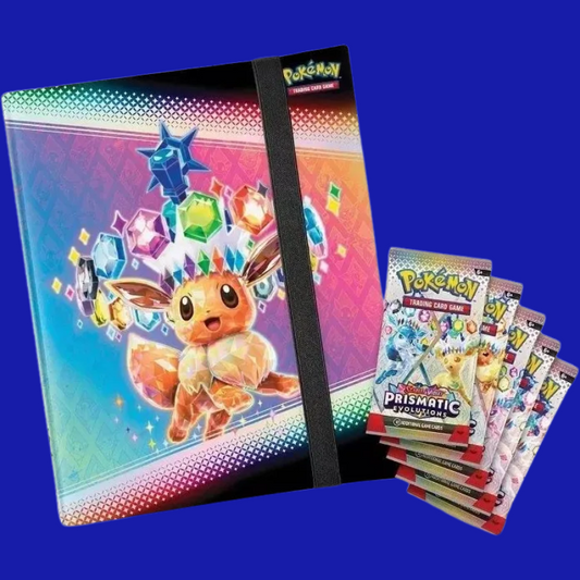 Eevee-themed 9-pocket binder from the Prismatic Evolutions Binder Collection alongside 4 booster packs from the Scarlet & Violet TCG expansion