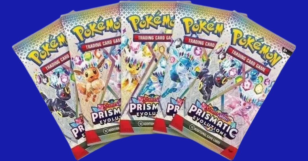 Assortment of 4 Pokémon TCG: Prismatic Evolutions booster packs featuring Eevee and various crystal-armored Eeveelutions from the Scarlet & Violet series