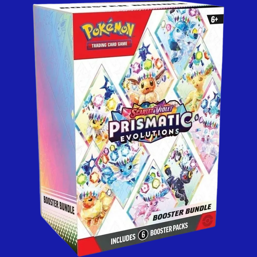 Front of Pokémon TCG: Scarlet & Violet—Prismatic Evolutions Booster Bundle box featuring Eevee and its Evolutions surrounded by colorful gem patterns.