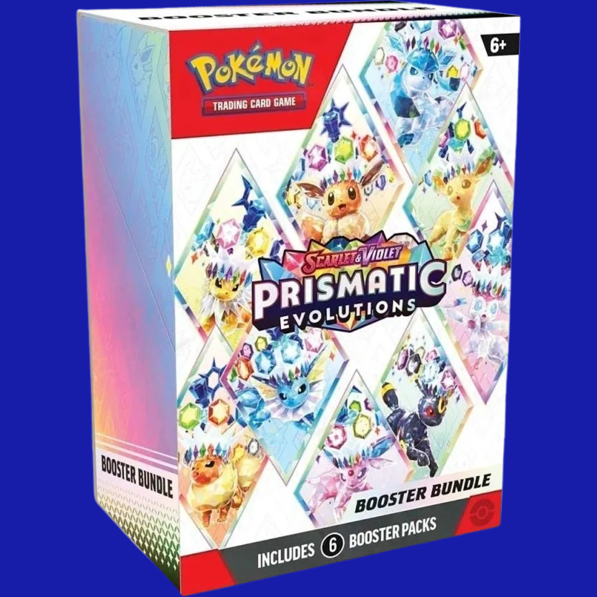 Front of Pokémon TCG: Scarlet & Violet—Prismatic Evolutions Booster Bundle box featuring Eevee and its Evolutions surrounded by colorful gem patterns.