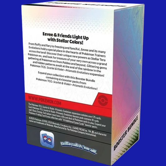 Back of Pokémon TCG: Scarlet & Violet—Prismatic Evolutions Booster Bundle box with product details and Eevee & Friends theme description.