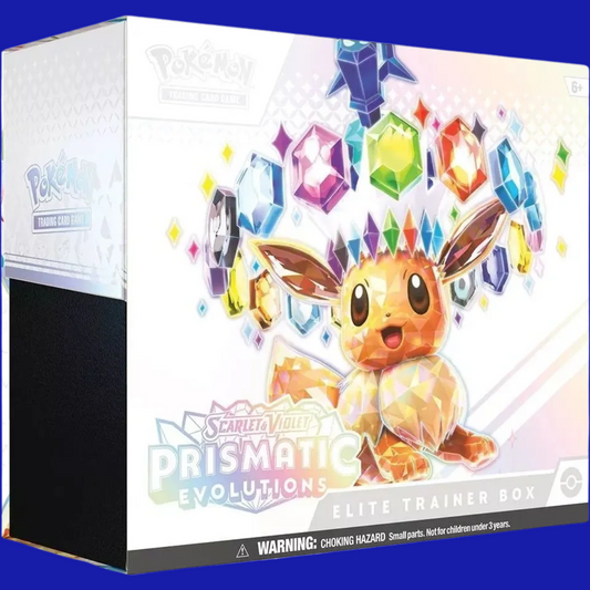 Front of Pokémon Scarlet & Violet: Prismatic Evolutions Elite Trainer Box featuring crystal-style Eevee artwork and gemstone motif