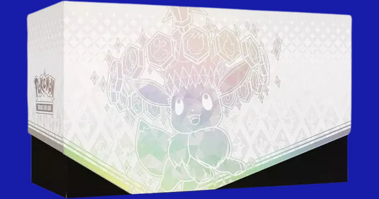 Back of Prismatic Evolutions Elite Trainer Box showcasing pastel line art of Eevee with a crown of crystals on a white patterned background
