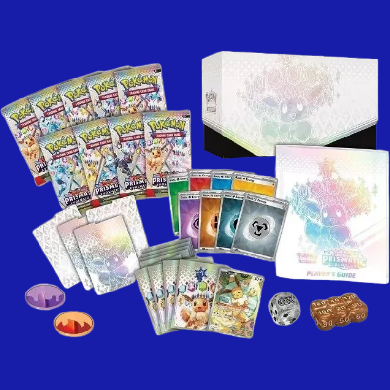 Contents of Prismatic Evolutions Elite Trainer Box including 9 booster packs, Eevee promo card, energy cards, themed sleeves, dice, condition markers, and player’s guide