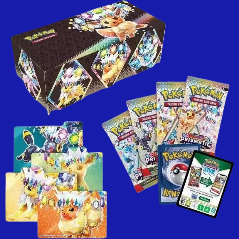 Contents of the Pokémon Prismatic Evolutions Surprise Box featuring 4 booster packs, foil promo card, TCG Live code, and Eeveelution dividers on a dark gem-patterned box