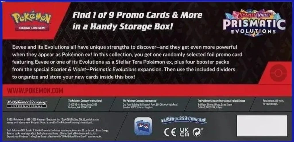 Back of Prismatic Evolutions Surprise Box detailing promo card chance and contents, with Pokémon and Scarlet & Violet logos and product copy from The Pokémon Company