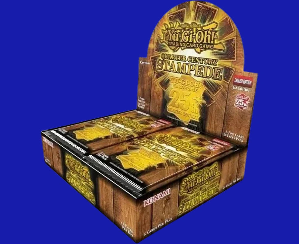 Yu-Gi-Oh! Quarter Century Stampede Booster Box angled display showing sealed packs and 25th Anniversary branding, English Edition Konami TCG