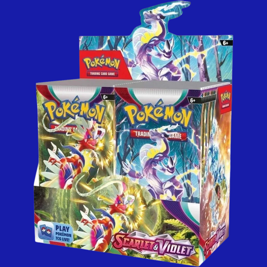 "Pokémon TCG: Scarlet & Violet Booster Box featuring Koraidon and Miraidon artwork – includes 36 sealed booster packs for collectors and competitive players"