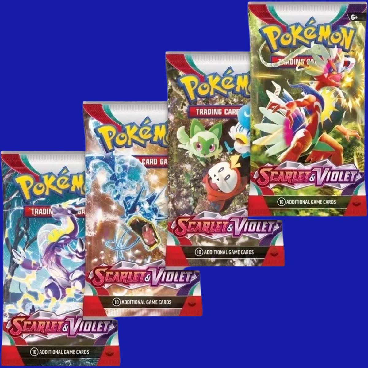 "Four Scarlet & Violet booster pack designs showcasing Sprigatito, Fuecoco, Quaxly, Koraidon, Miraidon, and Gyarados – each pack contains 10 additional game cards"