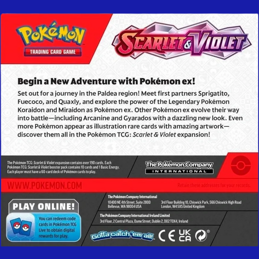 "Back of Scarlet & Violet Booster Box detailing expansion features and Pokémon TCG Live compatibility – introduces Pokémon ex and Paldea region starters"