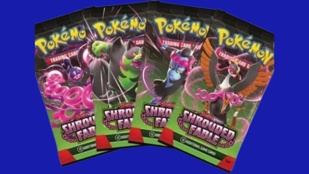 Pokémon TCG Scarlet & Violet: Shrouded Fable Booster Packs featuring assorted official artwork, sealed Pokémon booster packs shown together.