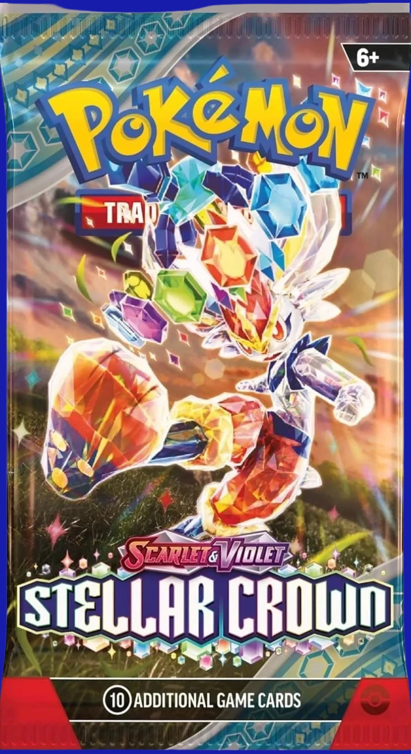 Front view of a sealed Pokémon TCG: Stellar Crown Booster Pack