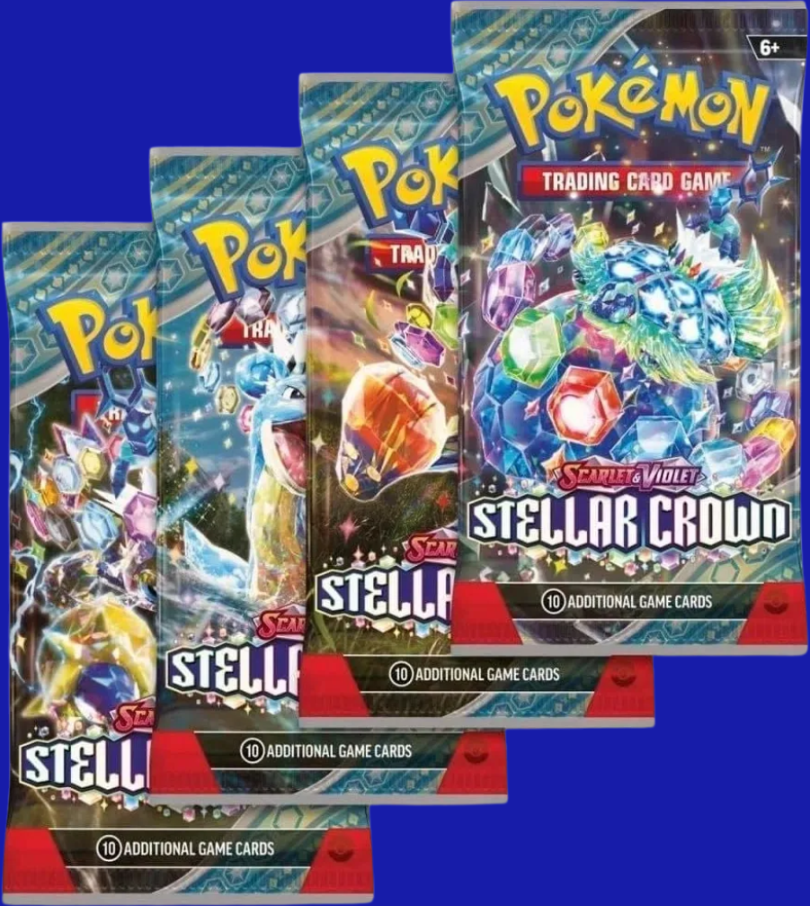 Front view of four sealed Pokémon TCG: Stellar Crown Booster Packs with different pack art