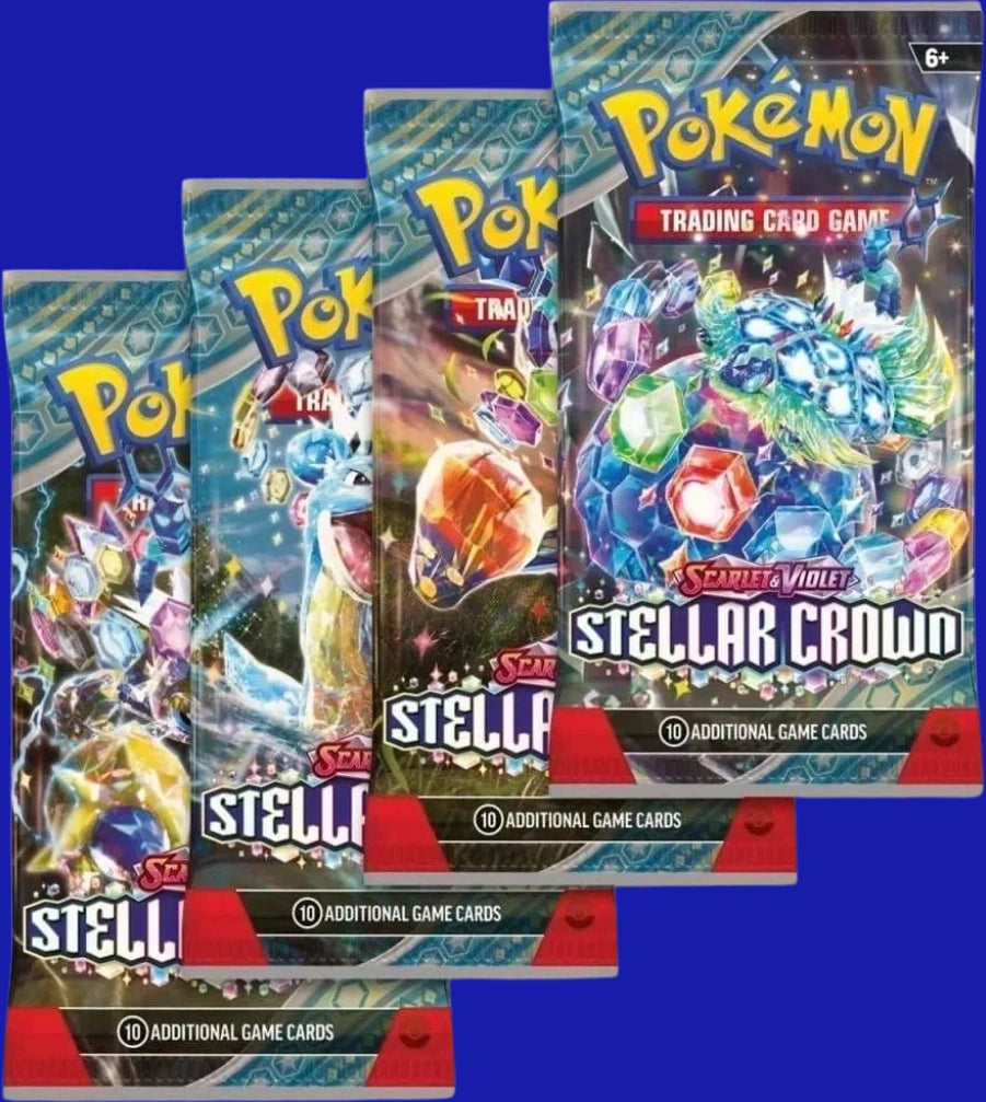 Front view of four sealed Pokémon TCG: Stellar Crown Booster Packs with different pack art