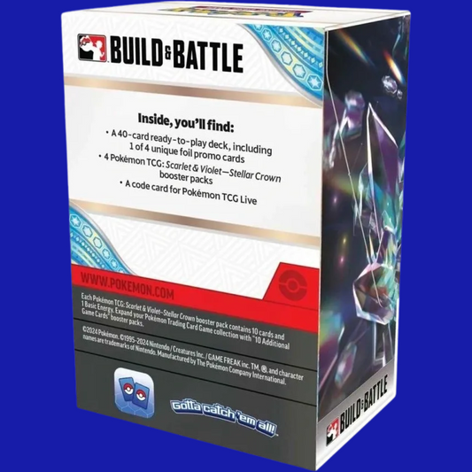 Back of Pokémon TCG: Stellar Crown Build & Battle Box showing box contents and product details