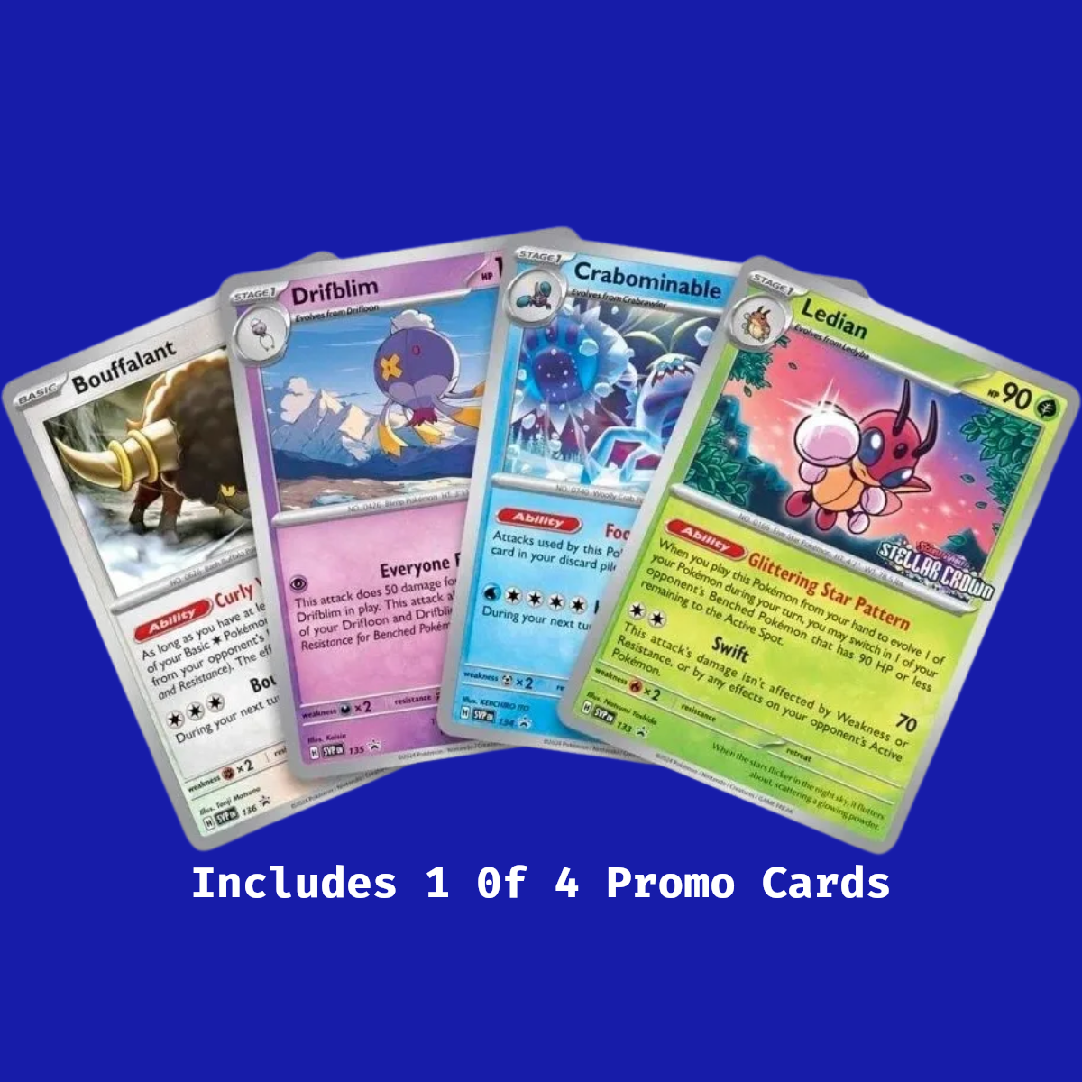 Four promo cards from Stellar Crown Build & Battle Box: Bouffalant, Drifblim, Crabominable, and Ledian