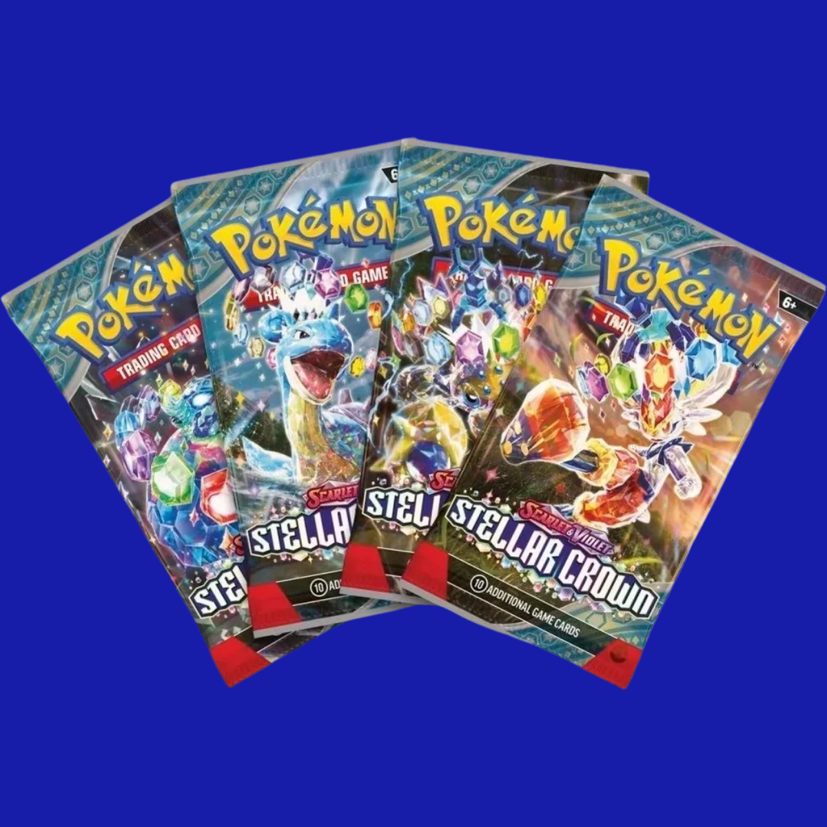 Front view of four sealed Pokémon TCG: Stellar Crown booster packs with different pack art designs