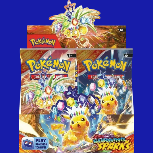 Front view of the Pokémon TCG: Scarlet & Violet – Surging Sparks Booster Box featuring Pikachu and Exeggutor in dazzling Terastal forms with gem-like crowns and vibrant lightning effects.