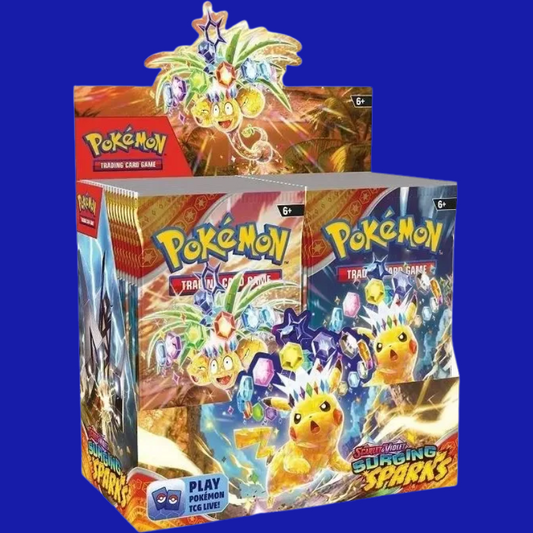Angled display of the Scarlet & Violet – Surging Sparks Booster Box showcasing the booster packs, Pokémon TCG Live logo, and detailed box art with Pikachu and Terastal-themed elements.