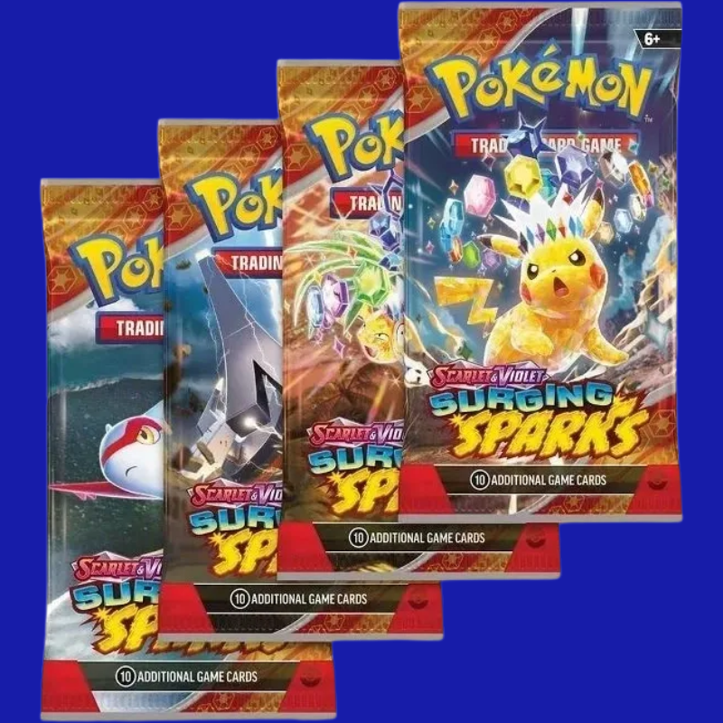 Close-up of four Surging Sparks booster pack artworks from the Scarlet & Violet series, each featuring different Pokémon in stunning gem-like Terastal forms against energetic backgrounds.