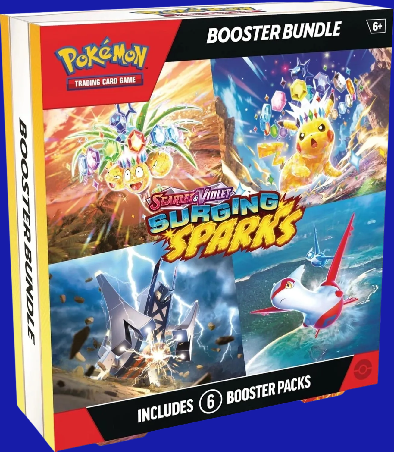 Front of the Pokémon TCG: Surging Sparks Booster Bundle showing key art of Pikachu, Alolan Exeggutor, Latias, and Archaludon ex with bold text: “Includes 6 Booster Packs”