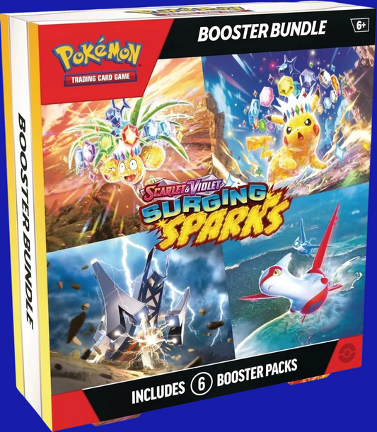 Front of the Pokémon TCG: Surging Sparks Booster Bundle showing key art of Pikachu, Alolan Exeggutor, Latias, and Archaludon ex with bold text: “Includes 6 Booster Packs”