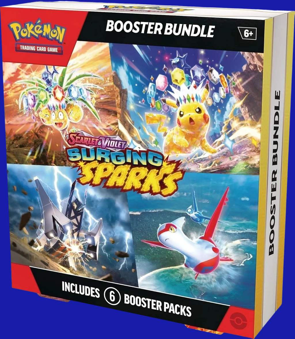Alternate front angle of the Pokémon TCG: Surging Sparks Booster Bundle showing vibrant artwork and 6 booster packs included