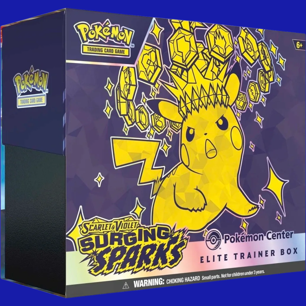Pokémon TCG Scarlet & Violet: Surging Sparks Elite Trainer Box front view showing Pikachu ex design and Pokémon Center logo with vivid yellow and purple graphics.