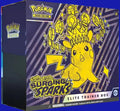 Pokémon TCG Scarlet & Violet: Surging Sparks Elite Trainer Box front view showing Pikachu ex design with vivid yellow and purple graphics.