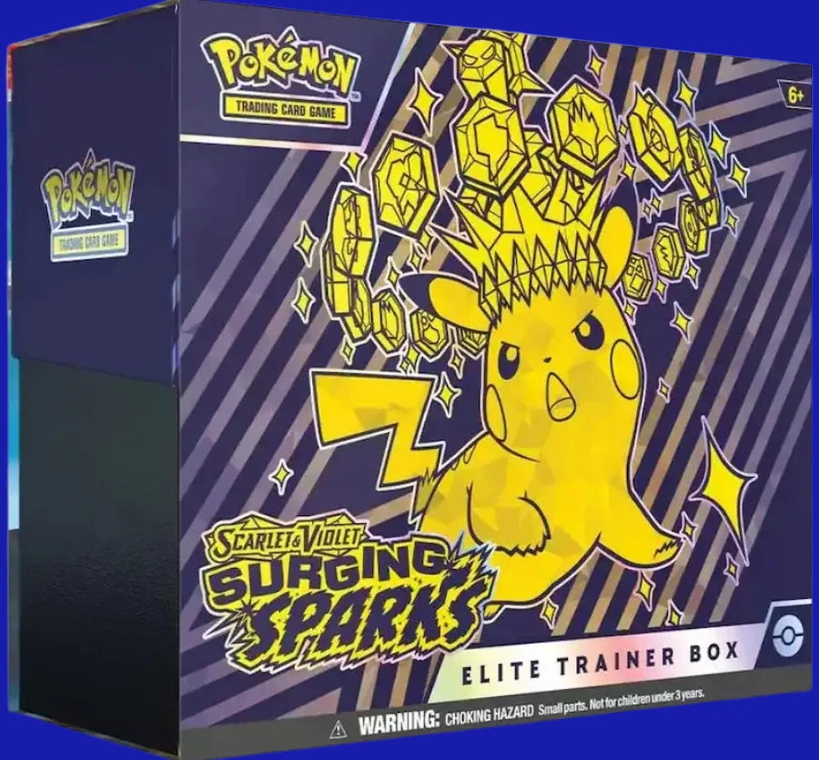 Pokémon TCG Scarlet & Violet: Surging Sparks Elite Trainer Box front view showing Pikachu ex design with vivid yellow and purple graphics.