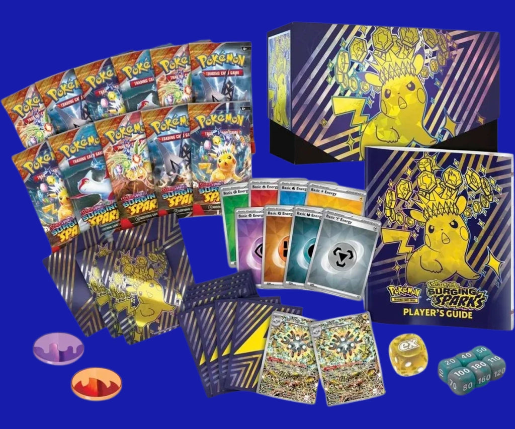 Pokémon TCG Scarlet & Violet: Surging Sparks Elite Trainer Box contents including booster packs, Pikachu-themed sleeves, energy cards, dice, and player’s guide.