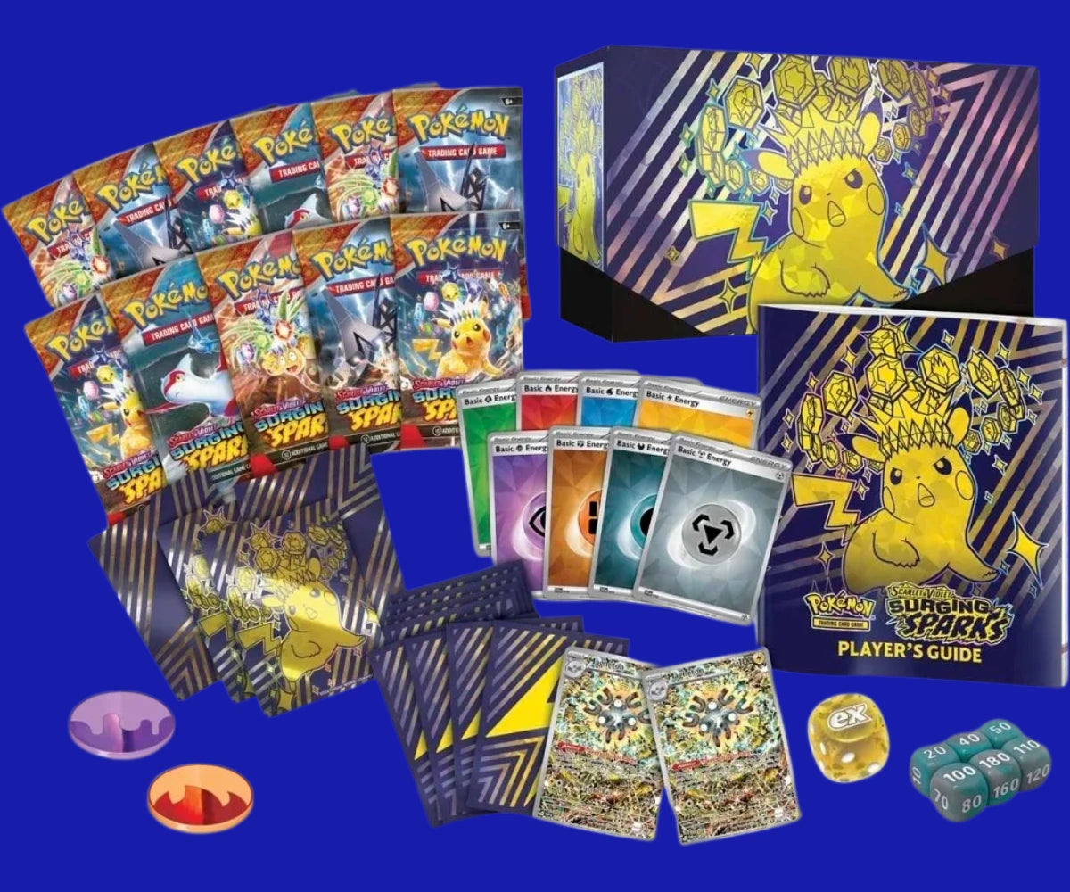 Pokémon TCG Scarlet & Violet: Surging Sparks Elite Trainer Box contents including booster packs, Pikachu-themed sleeves, energy cards, dice, and player’s guide.