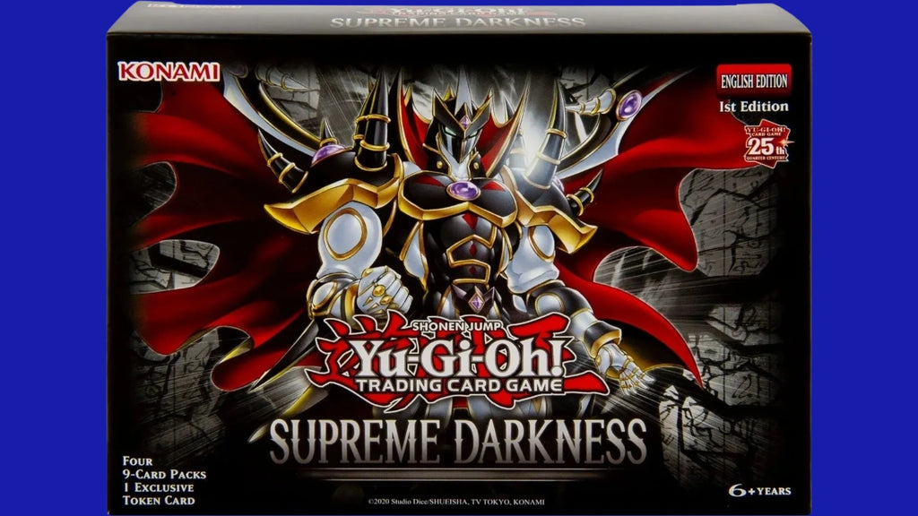 Yu-Gi-Oh! TCG Supreme Darkness 4-Pack Box featuring Evil HERO Neos Lord artwork in dark armor with flowing red cape.