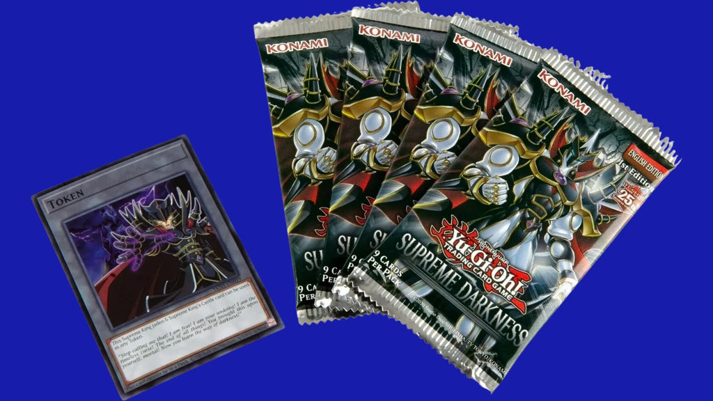 Yu-Gi-Oh! TCG Supreme Darkness booster packs and exclusive token card displayed, featuring Evil HERO Neos Lord artwork.