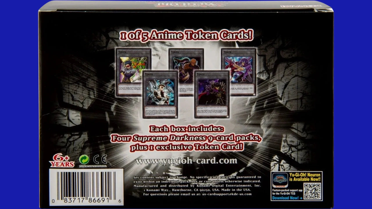 Back of Yu-Gi-Oh! TCG Supreme Darkness 4-Pack Box showing anime-style token card options and product contents information.
