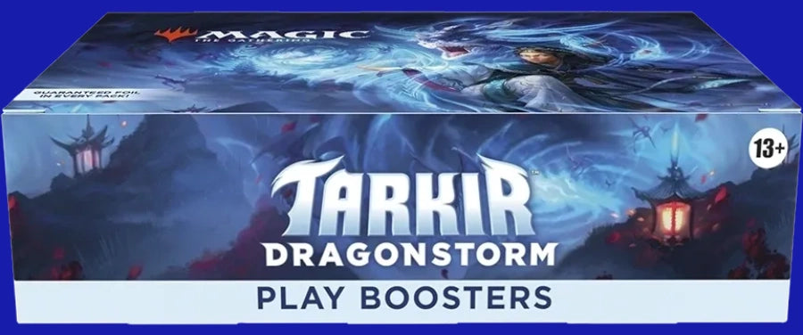 Magic: The Gathering Tarkir Dragonstorm Play Booster Box sealed packaging with blue dragon artwork