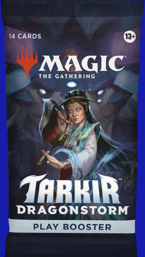 Magic: The Gathering Tarkir Dragonstorm Play Booster Pack featuring spellcasting character artwork, 14-card booster pack for MTG Tarkir Dragonstorm set.