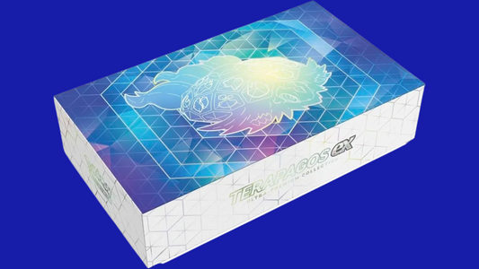 Front of the Pokémon TCG: Terapagos ex Ultra Premium Collection box featuring foil promo card artwork and colorful Stellar Crown branding.