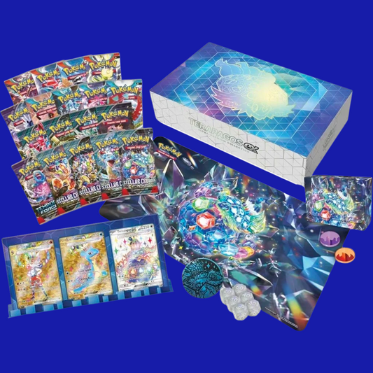 Full display of contents from the Terapagos ex Ultra Premium Collection including 11 booster packs, playmat, dice, promos, and deck box.