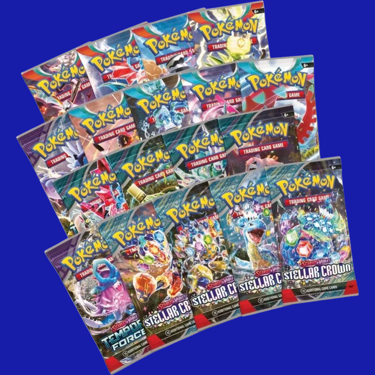 All 11 Pokémon TCG booster packs from the Terapagos ex Ultra Premium Collection, fanned out to show variety of pack art.