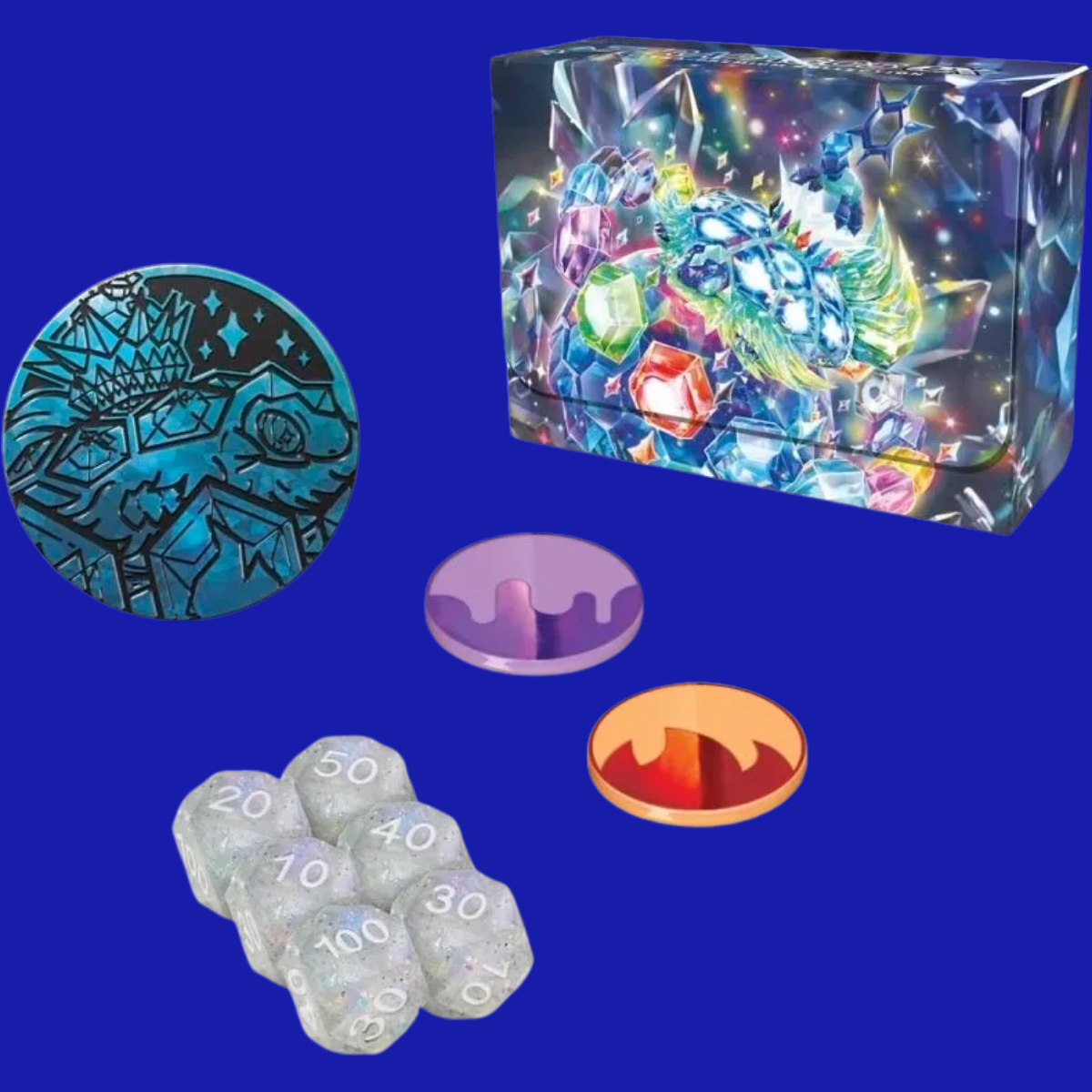 Unboxed accessories from the Terapagos ex Ultra Premium Collection including foil promo cards, metallic coin, dice, deck box, and condition markers.