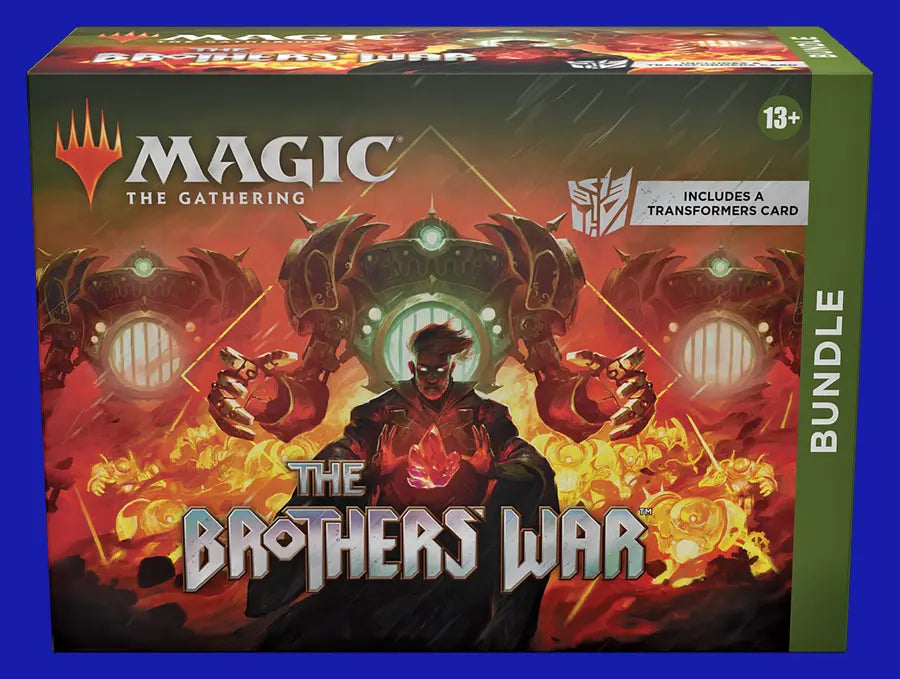 Magic: The Gathering The Brothers’ War Bundle box featuring Urza artwork, includes Set Boosters and a Transformers promo card