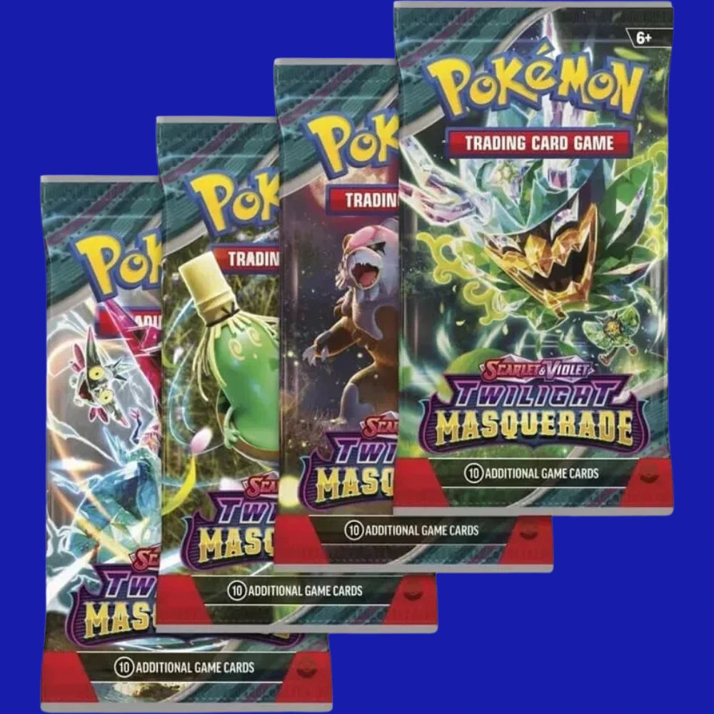 Assorted Pokémon TCG Scarlet & Violet Twilight Masquerade booster packs showing multiple pack artworks, sealed packs with 10 additional game cards each.