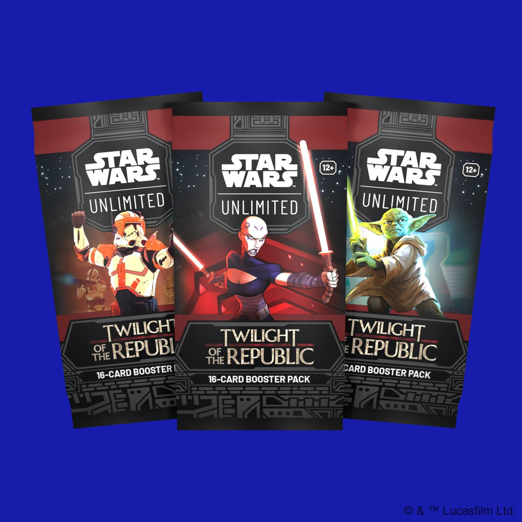 Star Wars Unlimited Twilight of the Republic booster packs featuring Clone Trooper, Asajj Ventress, and Yoda artwork